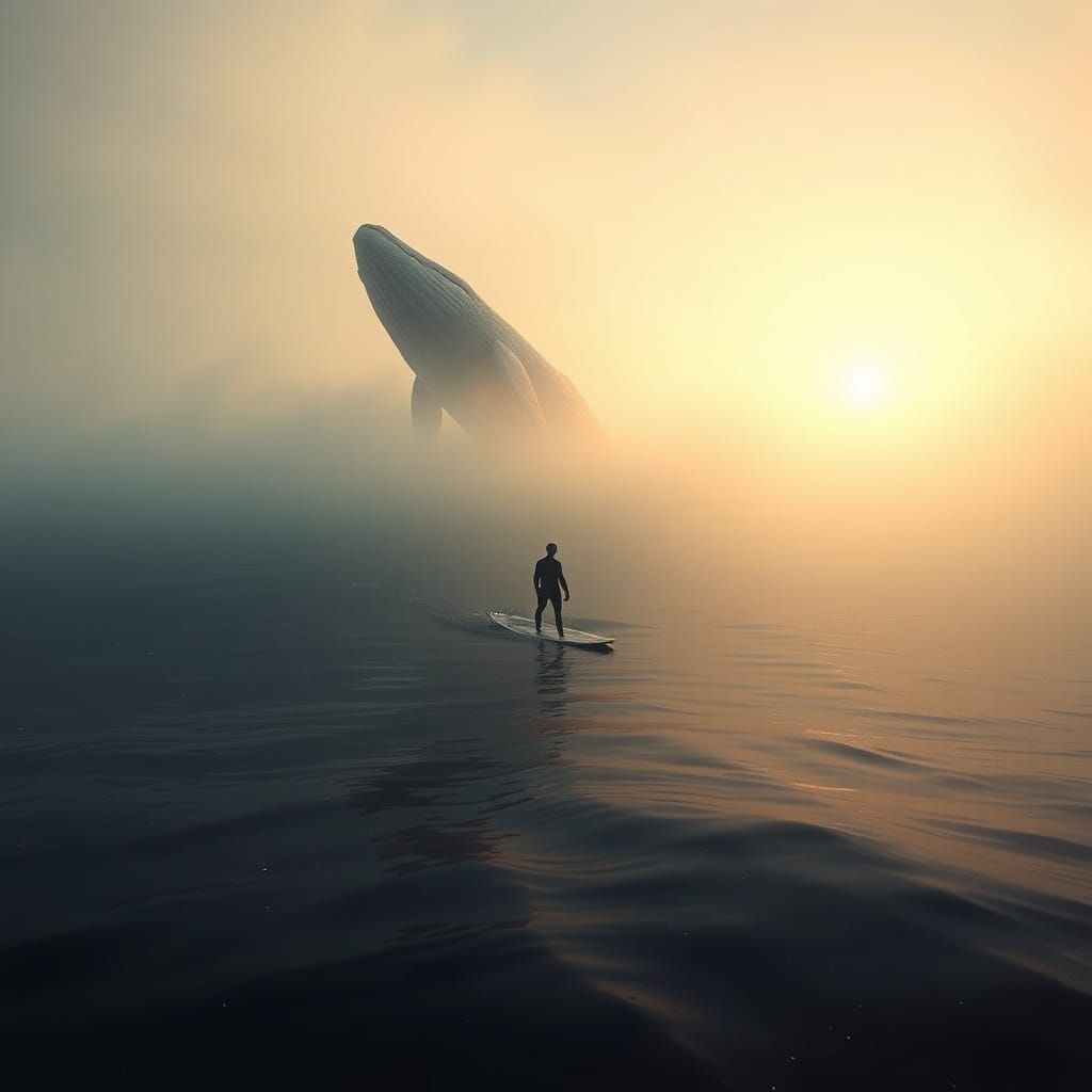 surfer encounter whale on a peacefull flat calm sea, in dim morning light and fog  by @aradama