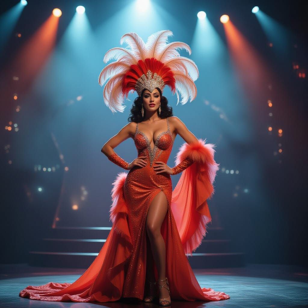 A glamorous showgirl with a magnificent feathered headdress and a shimmering orange sequined gown, striking ...  by @undefined