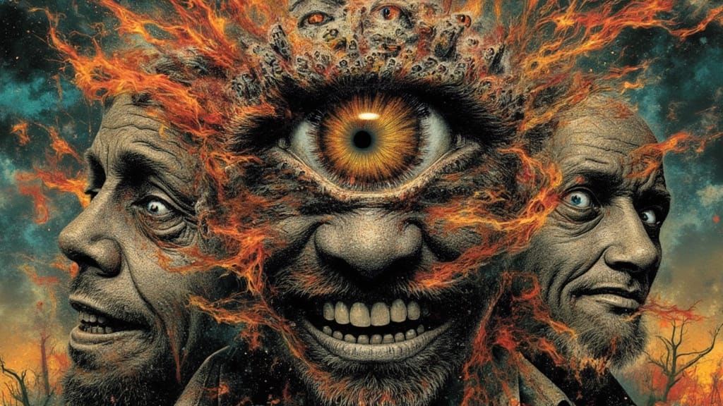 Hyper realistic eyes fractal grinning faced Man<lora:steveface1:1.0> with other fractal faced men growing out of his head connecting to arms...