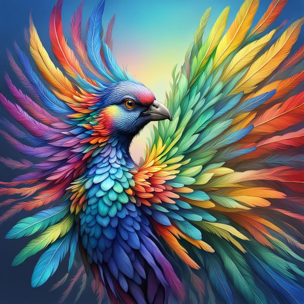 A resplendent, iridescent rainbow bird with plumage shimmering in a kaleidoscope of colors.  by @Suz