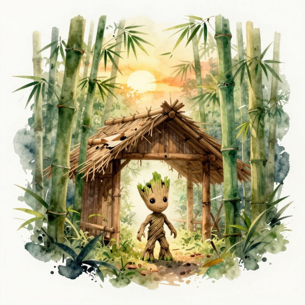 Tiny Groot made of bamboo standing in a bamboo forest with large bamboo hut at sunset 
  by @Kosh