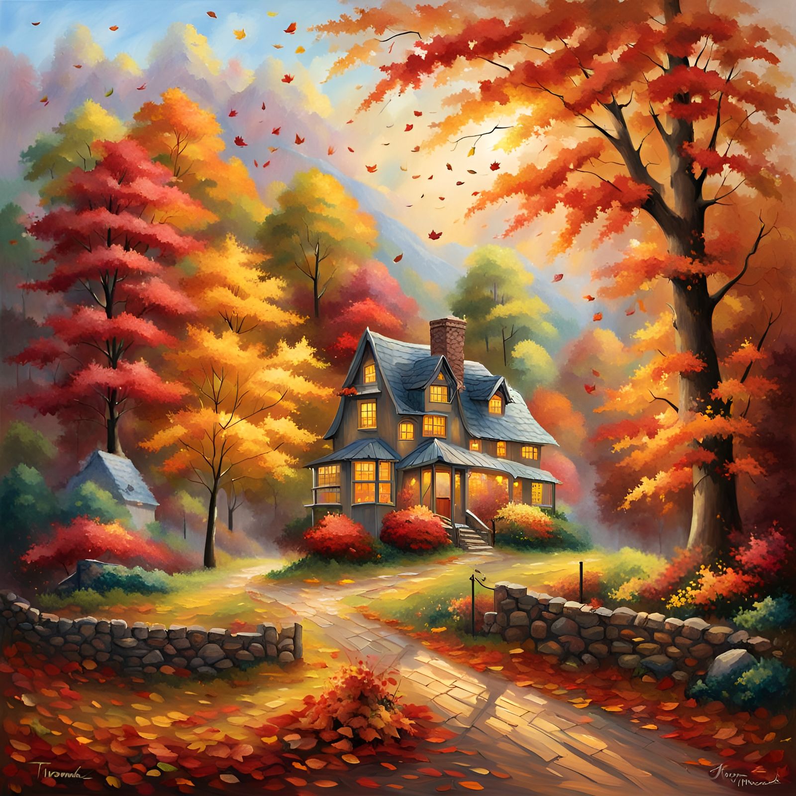 Autumn scene with colored leaves on the trees, colored leave...