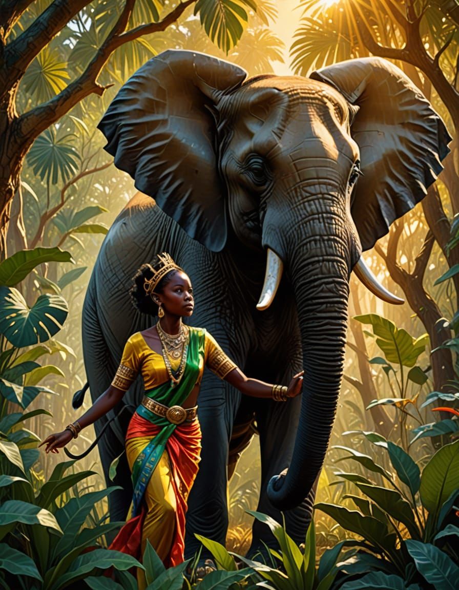 Ebony afro princess with elephant   by @Prisoner-of-thoughts