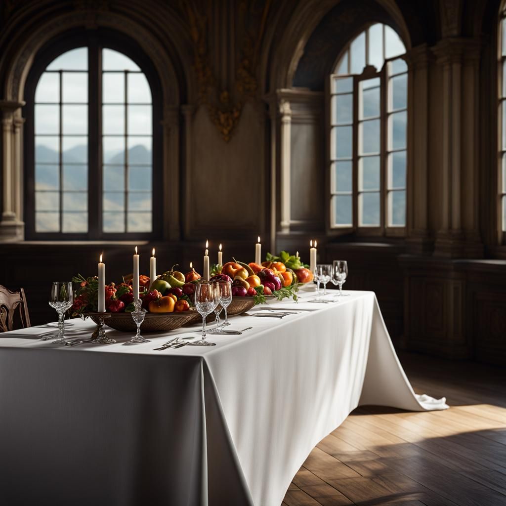 A long table with a white tablecloth, empty from a frontal v...