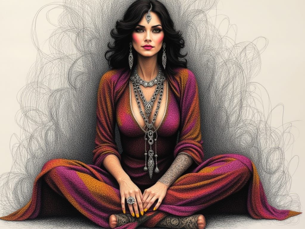 <lora:Scratch Art:1.0> scratch art, very fine lines, intricate details, female gypsy woman, sitting crossed legged, black and white, select...