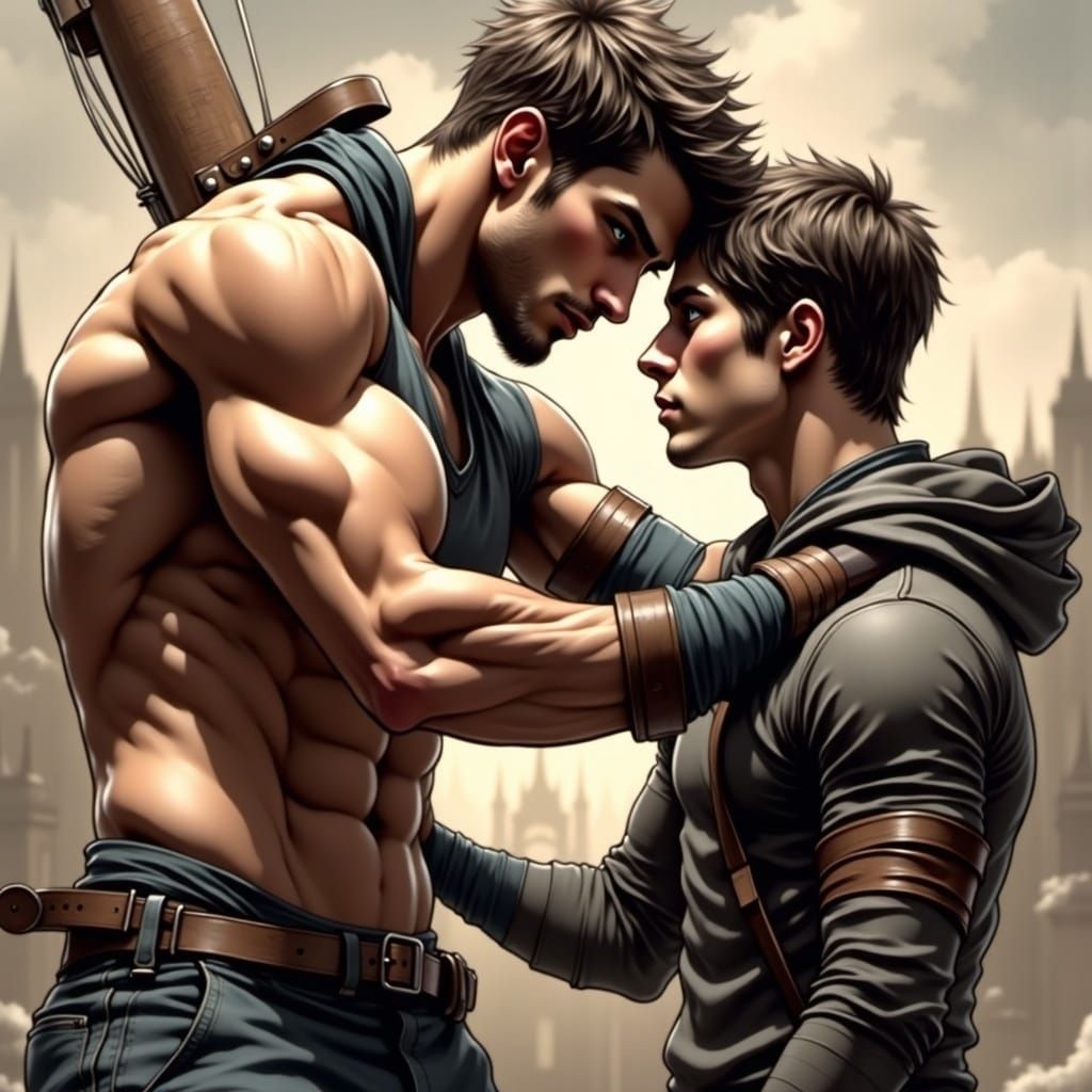 A photorealistic image depicting a tall  Athletic jock wrestling with a smaller guy. <lora:Versatile Male:1.0> detailed,  elaborate, polishe...