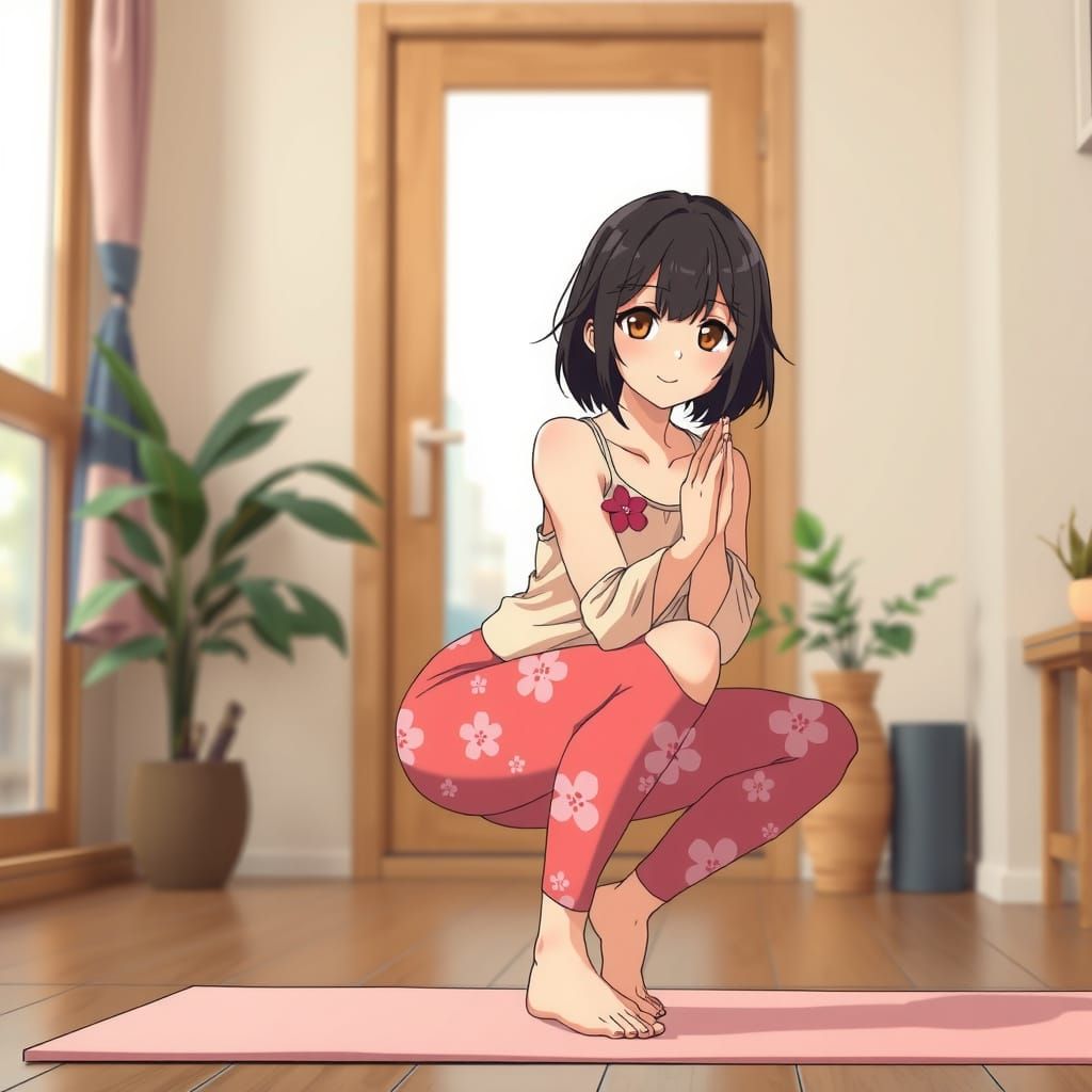 Anime Girl in Yoga Pose Amidst Cherry Blossoms