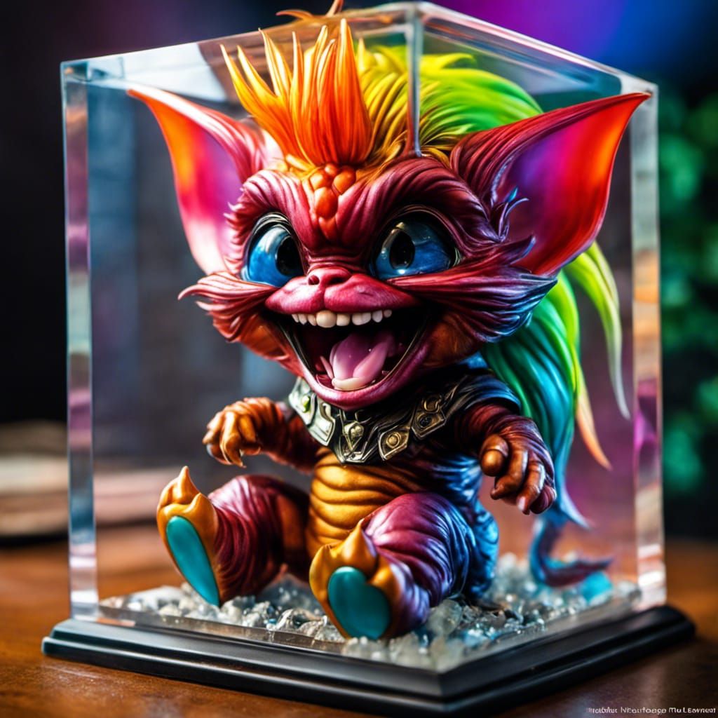 Adorable Rainbow Chibi Gremlin Grinning Wit Big Teeth Inside A Glass