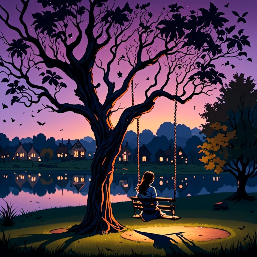 <lora:Prismatic Vitality:1.0>  sitting alone on a swing in a park at dusk