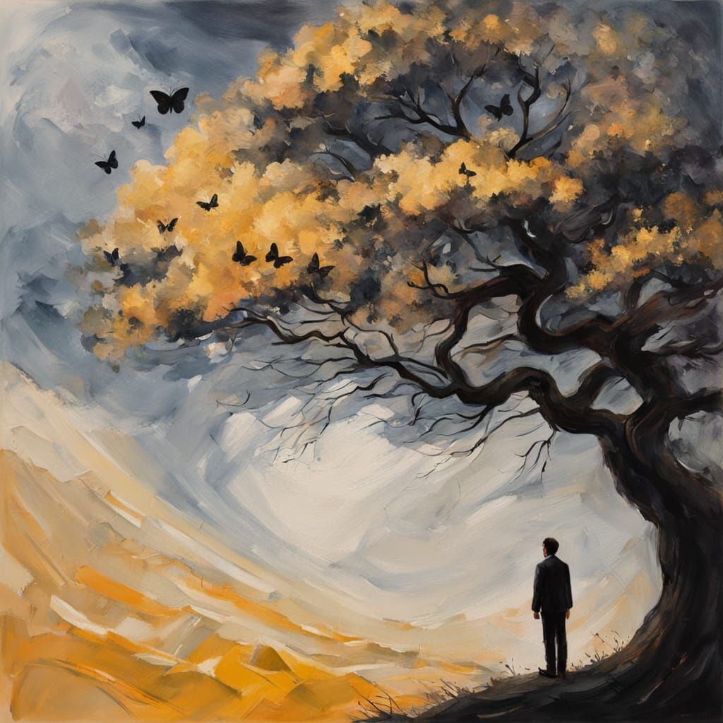 In deep space a poignant scene centered around a gnarled, dark tree on a small rise, silhouetted against a dramatic backdrop of swirling gol...