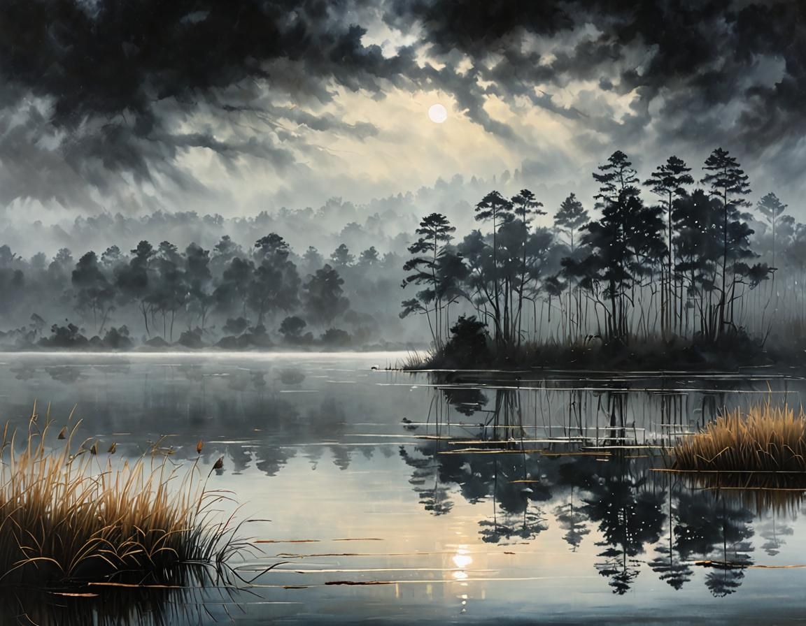 (Moody Dark Inky Sky:1.5) "Foggy Lake Reflections": An oil painting of a tranquil lake shrouded in morning fog. The foreground features calm...