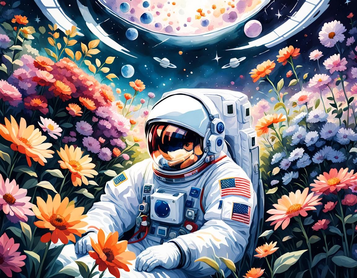 Astronaut in Flower Garden: Watercolor Universe Reflection