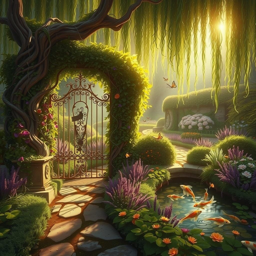 A Hidden Garden Tucked Away Behind a Wrought-Iron Gate Covered in Ivy, Bathed in Soft, Golden Sunlight  by @RC