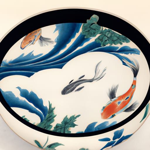 Silk painting with bowl of fish