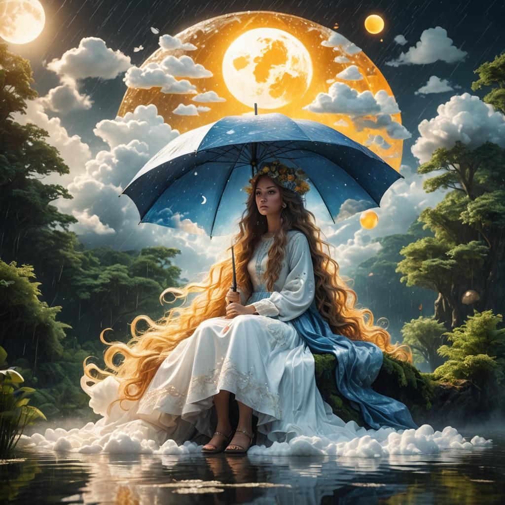 woman with very long wavy hair sitting with a dress made of ...