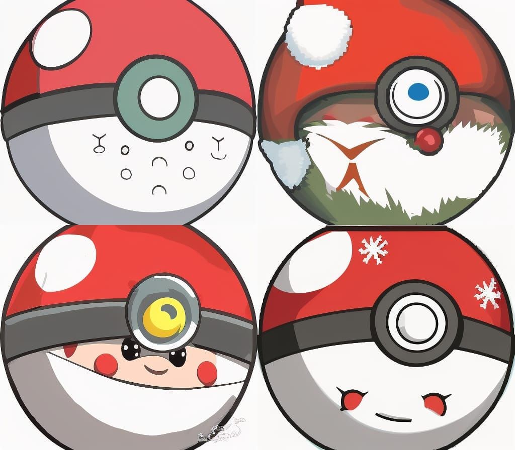 prompt: Poké Ball with Santa hat, Pokemon, Christmas