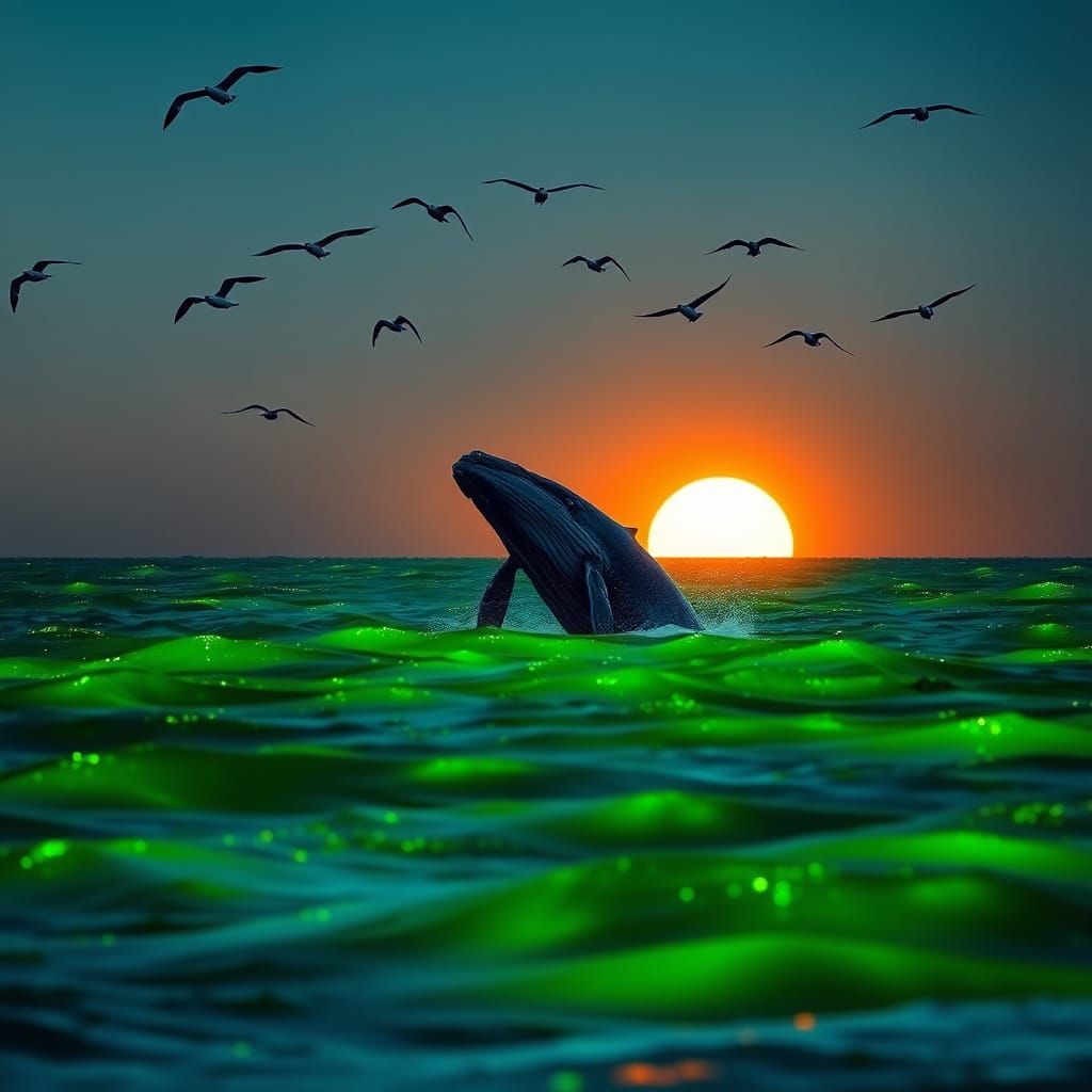 A Southern right whale breaching above the water, seagulls circling overhead, the whole ocean glowing ...  by @CyberneticBionic