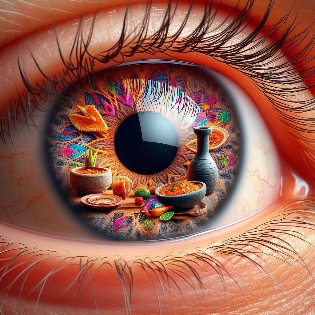 macro view of an eye reflection of traditional Mexican brunch