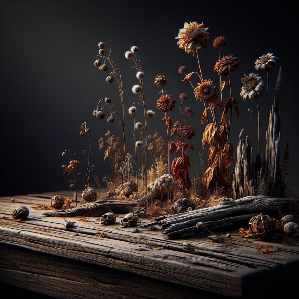 Abandoned table, dried flowers, decaying, post-apocalyptic w...
