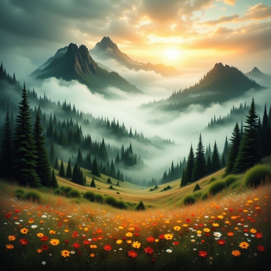 <lora:Landscape Intensity:1.0> Watercolor hazy misty landscape, fantasy, blurred, color gradients, flowers, trees, black sky,  watercolor, s...
