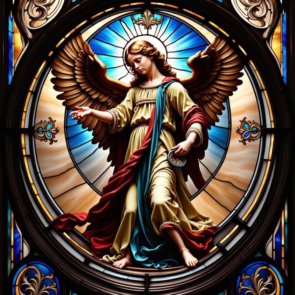 Stained Glass Renaissance Angels Playing Musical Instruments :: hyperdetailed hyperrealistic epic <lora:Stained Glass:1.3> 