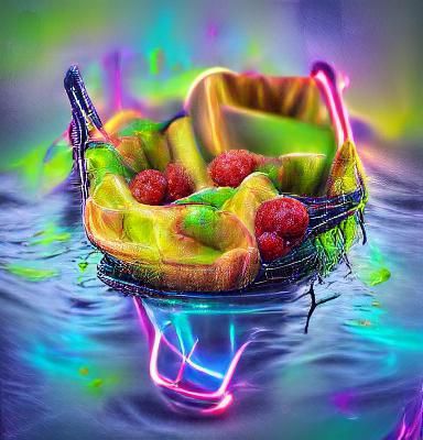 Fruit basket melting into a lake of neon paint