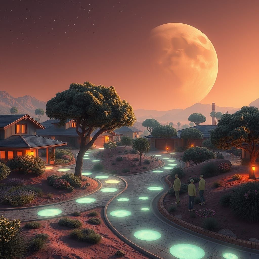 A peaceful neighborhood on Mars with glowing pathways, tree-covered homes, and smart tech woven into ...  by @Ambassador Maverick