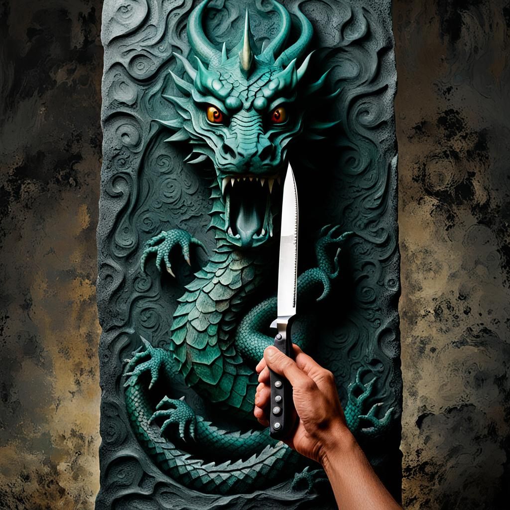 Dragon Carver on Stone Pillar, Surrealist Style