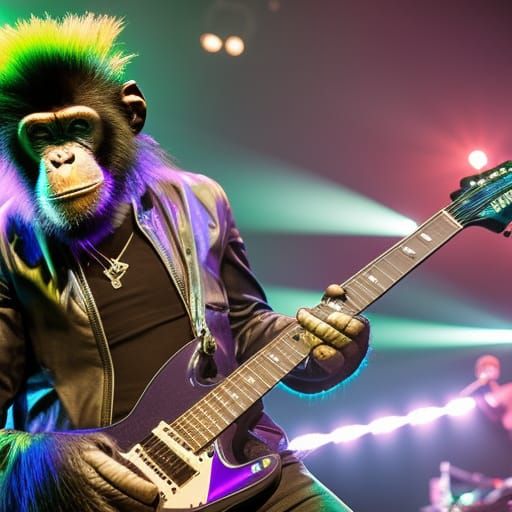 A Chimpanzee playing an electric guitar , rock concert, blue and purple