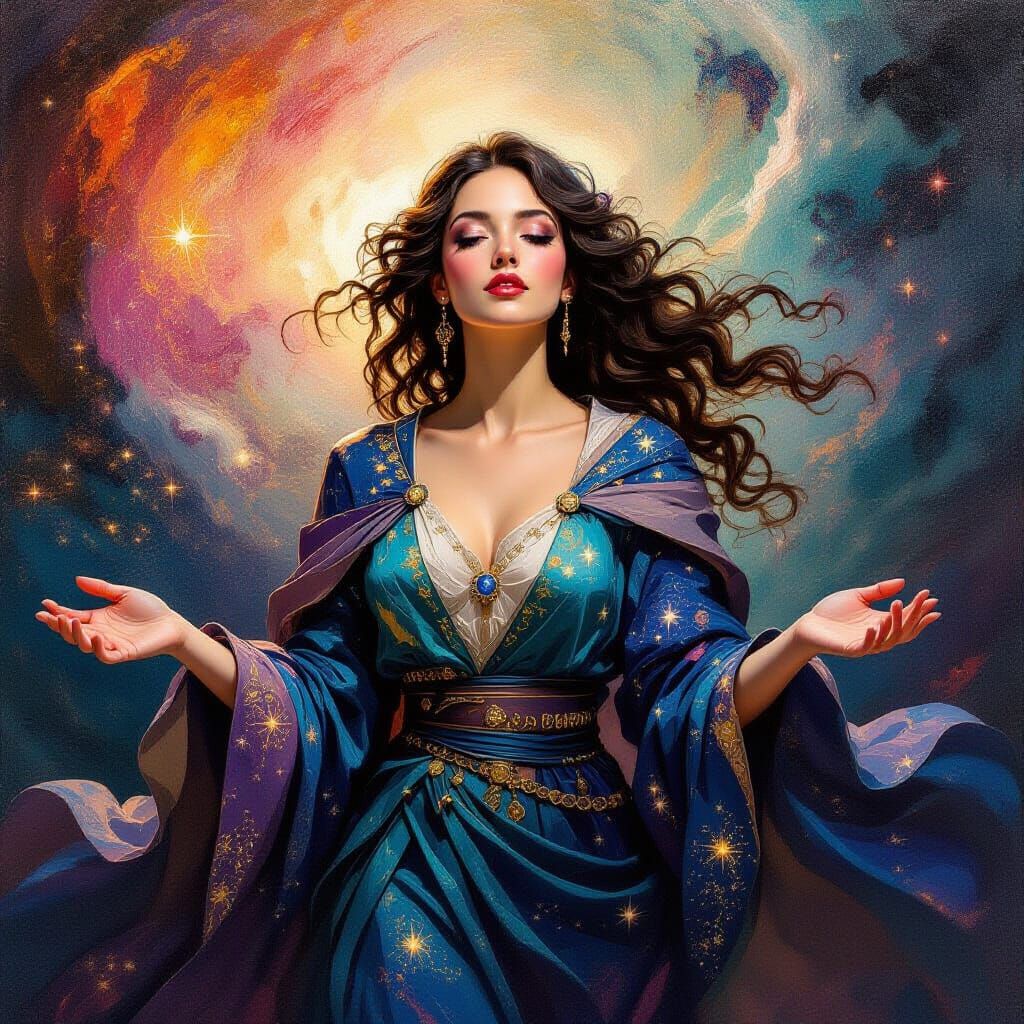 For the "Masterpiece Monday" challenge, envision a hyperrealistic portrait of an ethereal goddess emerging from a swirling nebula, her flowi...