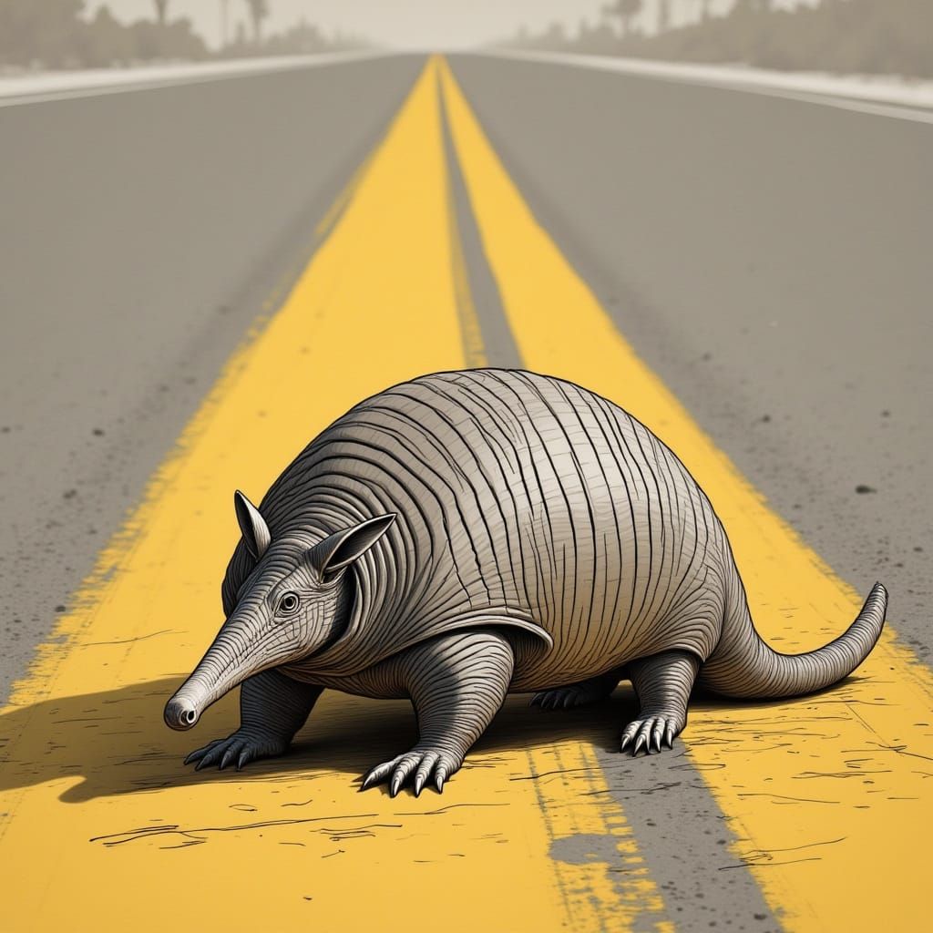 <lora:Savant Sketched:1.0> an armadillo resting in the middle of a street with a yellow stripe.

a crew of road stripers painted a yellow ro...