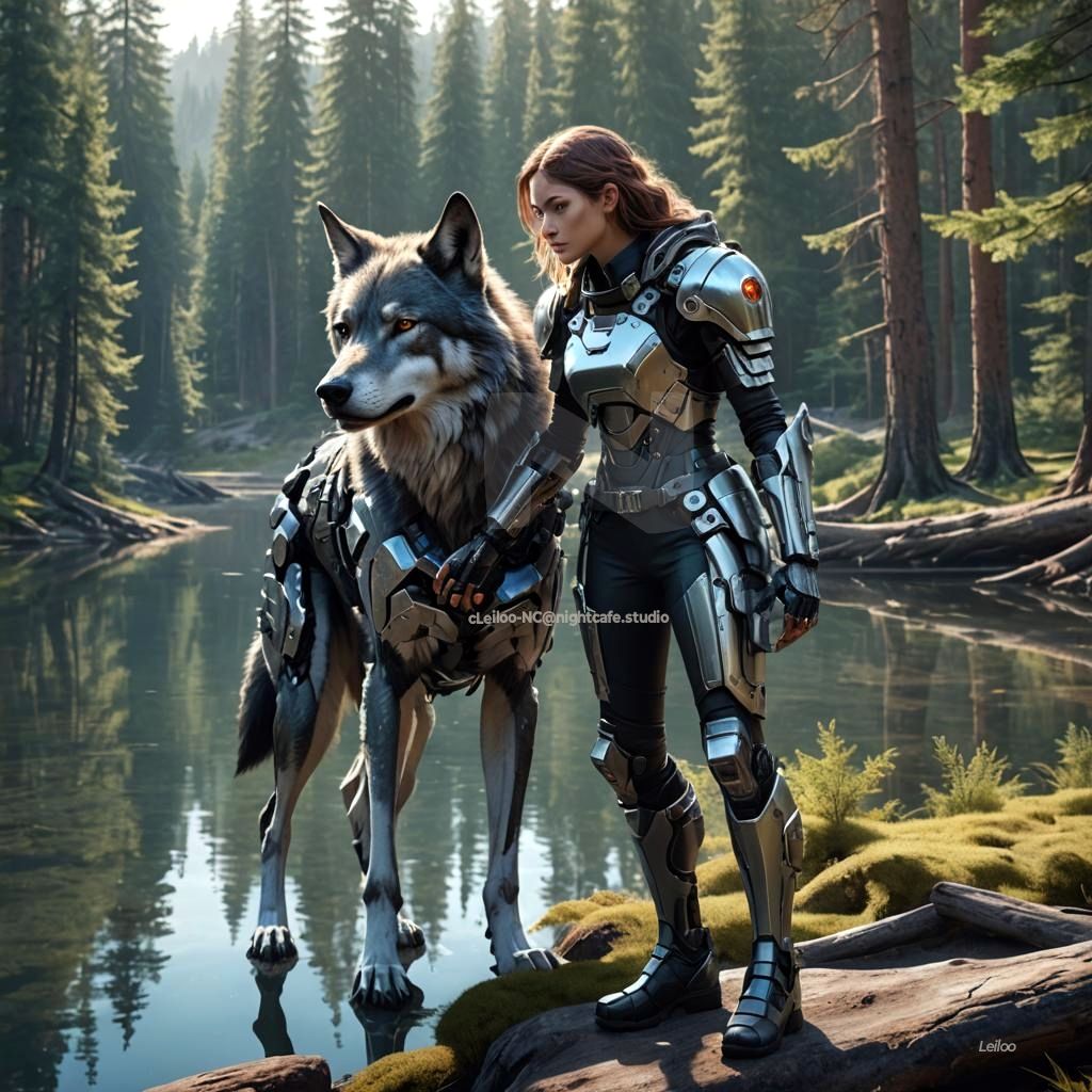 A Bionic Woman and her Cyborg Dire Wolf