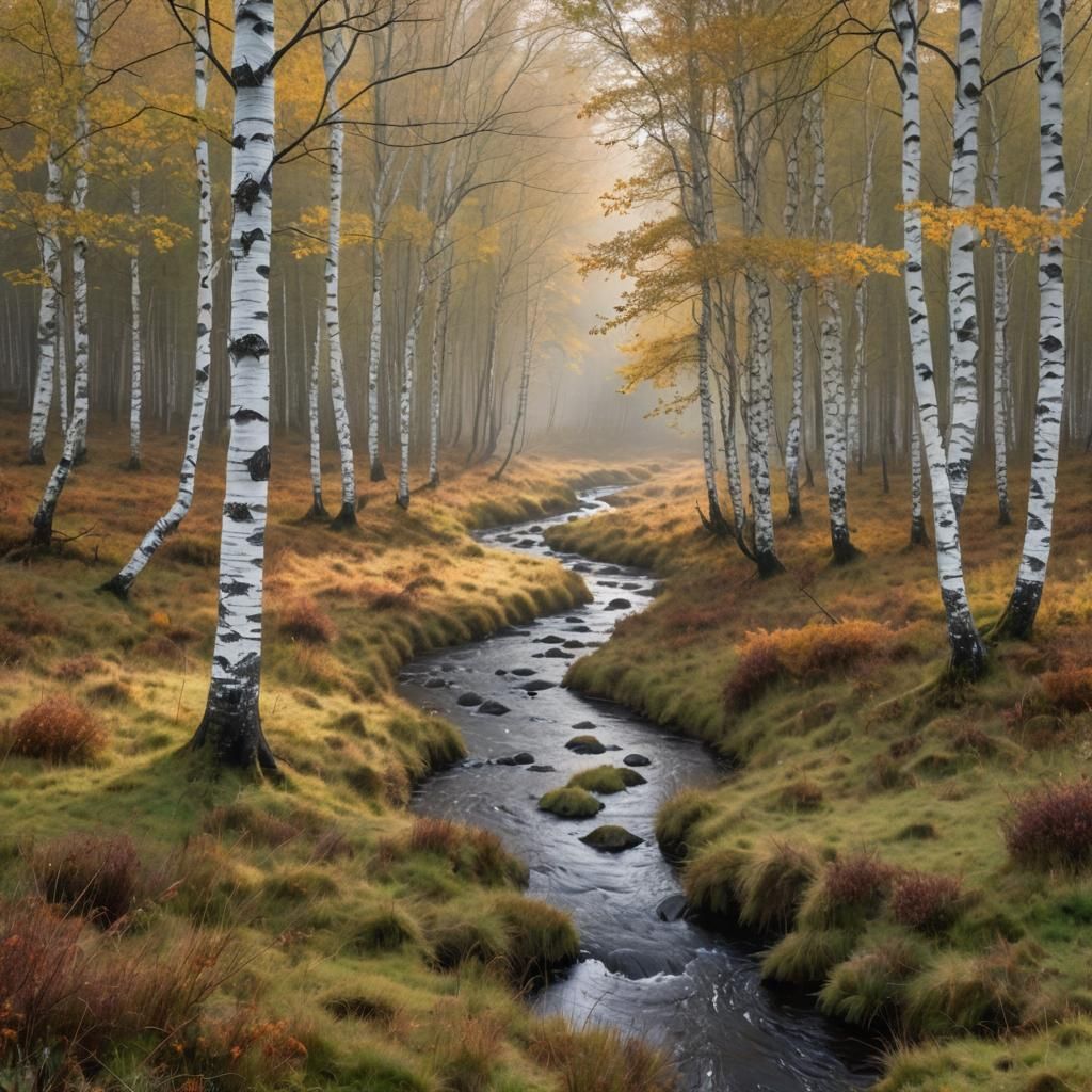 Stream flowing through a forest meadow surrounded by an autu...