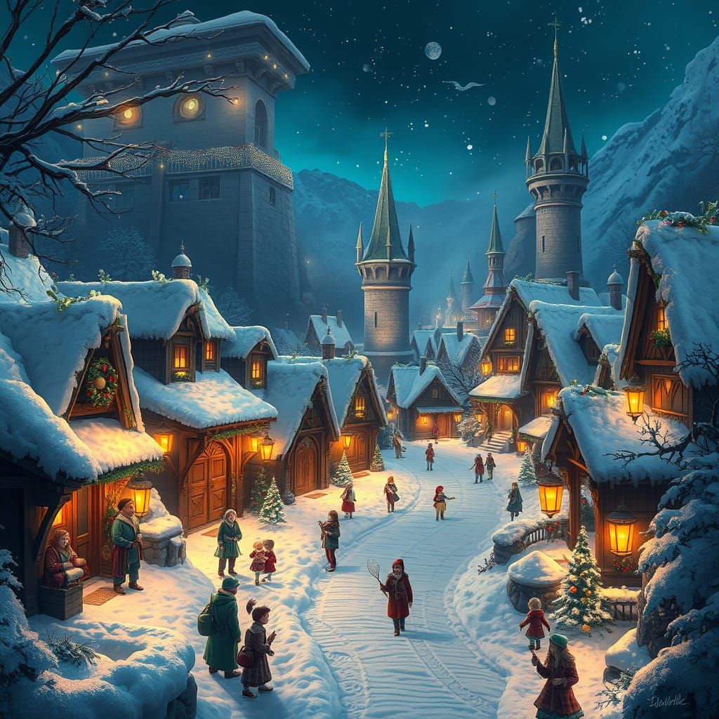 Create a scene from Christmas Eve night! in village glowing with holiday lights and decorations, capturing ...  by @undefined