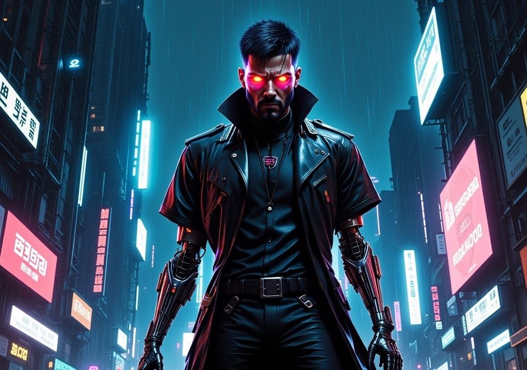 Bald Blade Runner cinematography style Cyborg man bounty hunter in a cyberpunk city, cyberneric implants<lora:Cyborgs Flux:1.0> 
