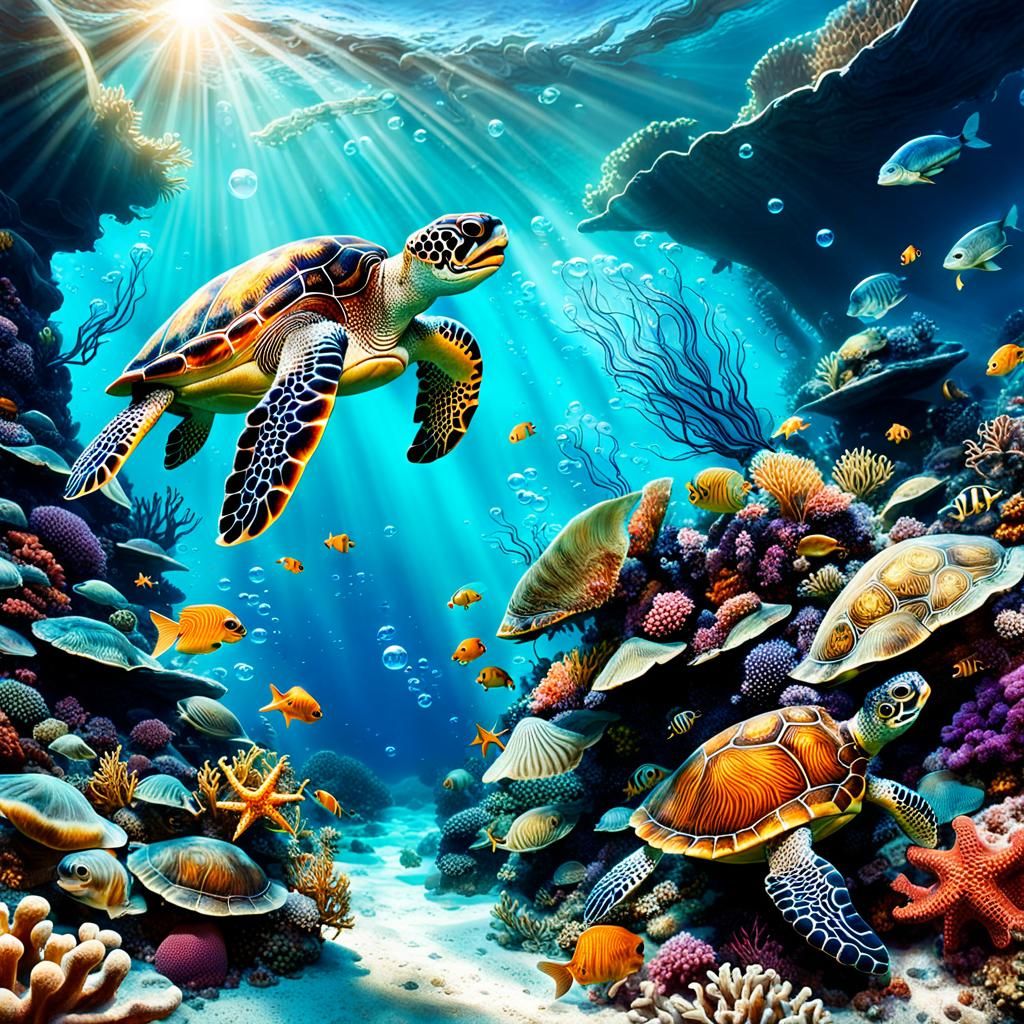 Photo reliastic, underwater, turtles, vibrant, sea creatures, coral reef, colorful fish, bubbles, sunlight ...  by @Peterthegreat 