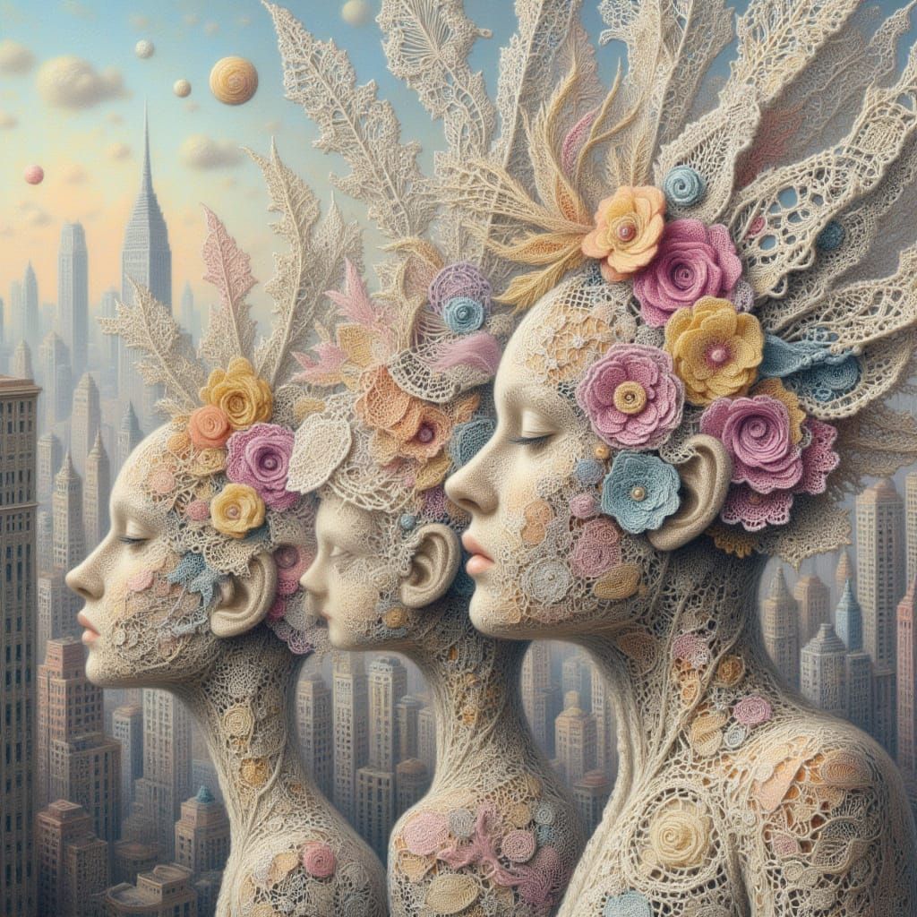 <lora:kak-lacemadness:1.0>Illustration of a lace collage, city, and heads covered in colored pastel lace