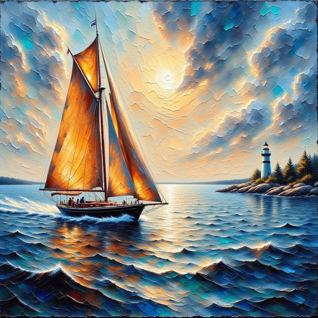 Sailboat Nearing Coast, In The Style Of Edward Hopper