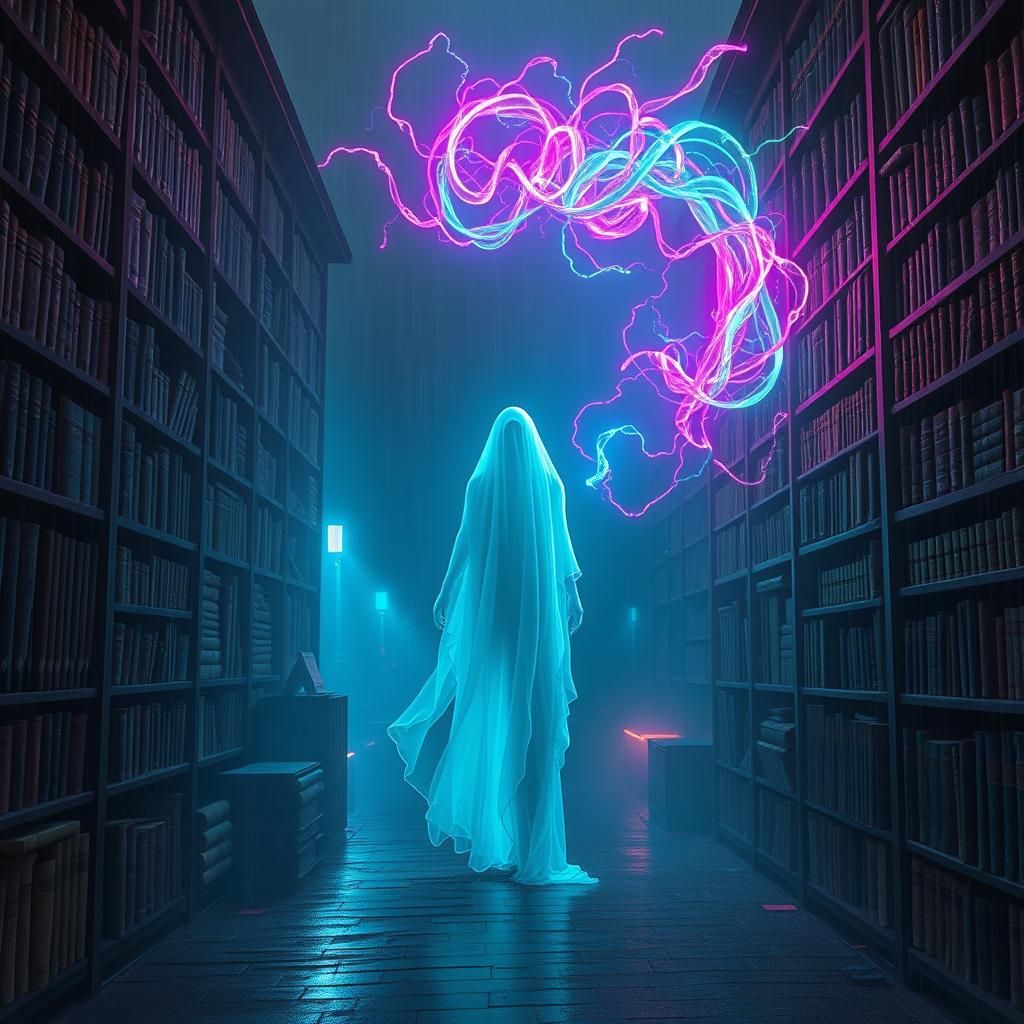 ghost, library, matte, using all the colors of the pastel rainbow, color splash, bio luminous, glow in the dark, vibrant 