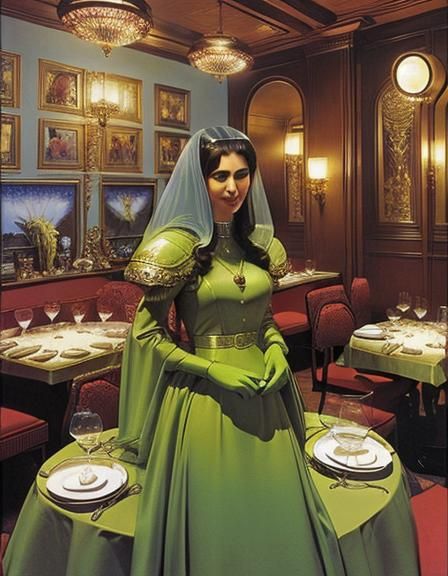 Two aliens on a date in a fancy restaurant.