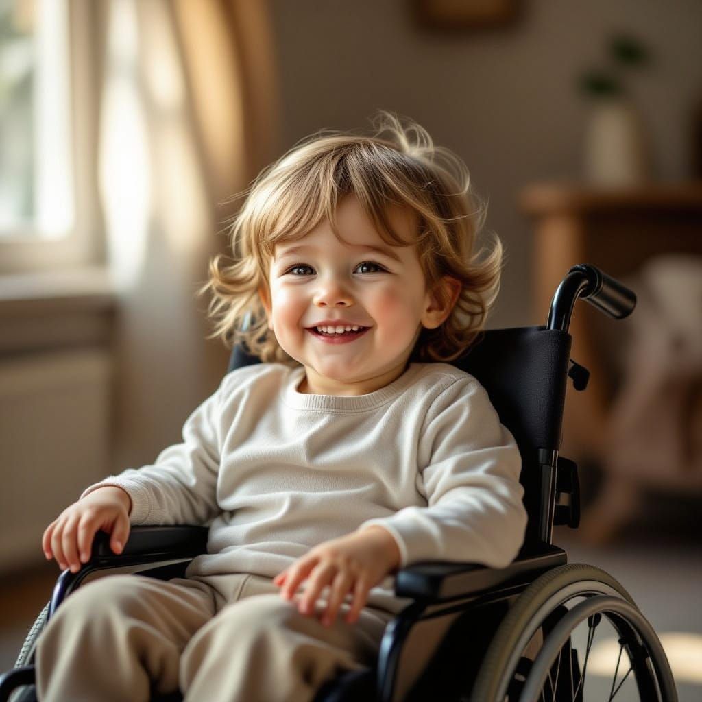 Joyful Child in Wheelchair, Warm Realistic Portrait