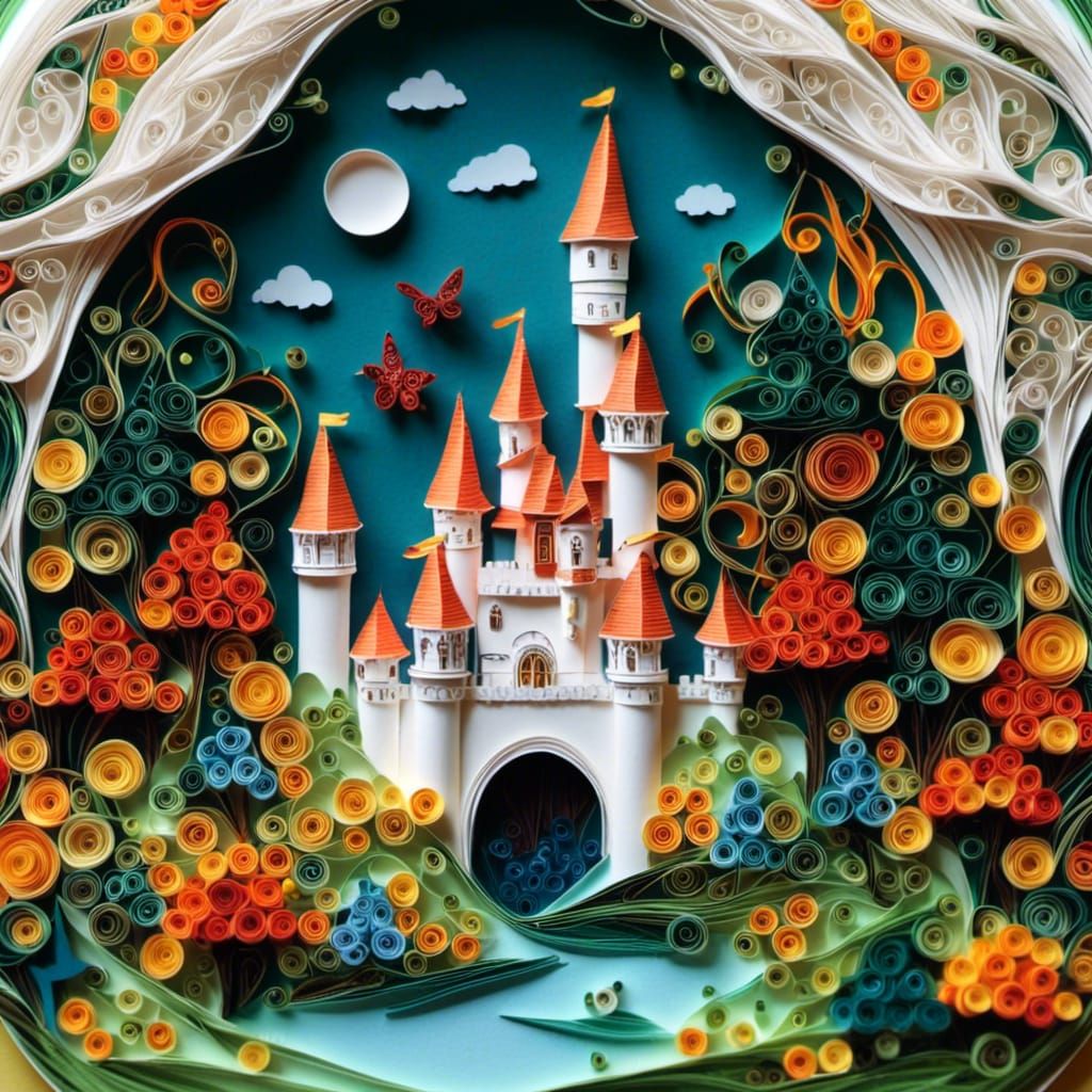 A castle, magic forest background, quilling, papercraft <lora:Quilling:1.0> 