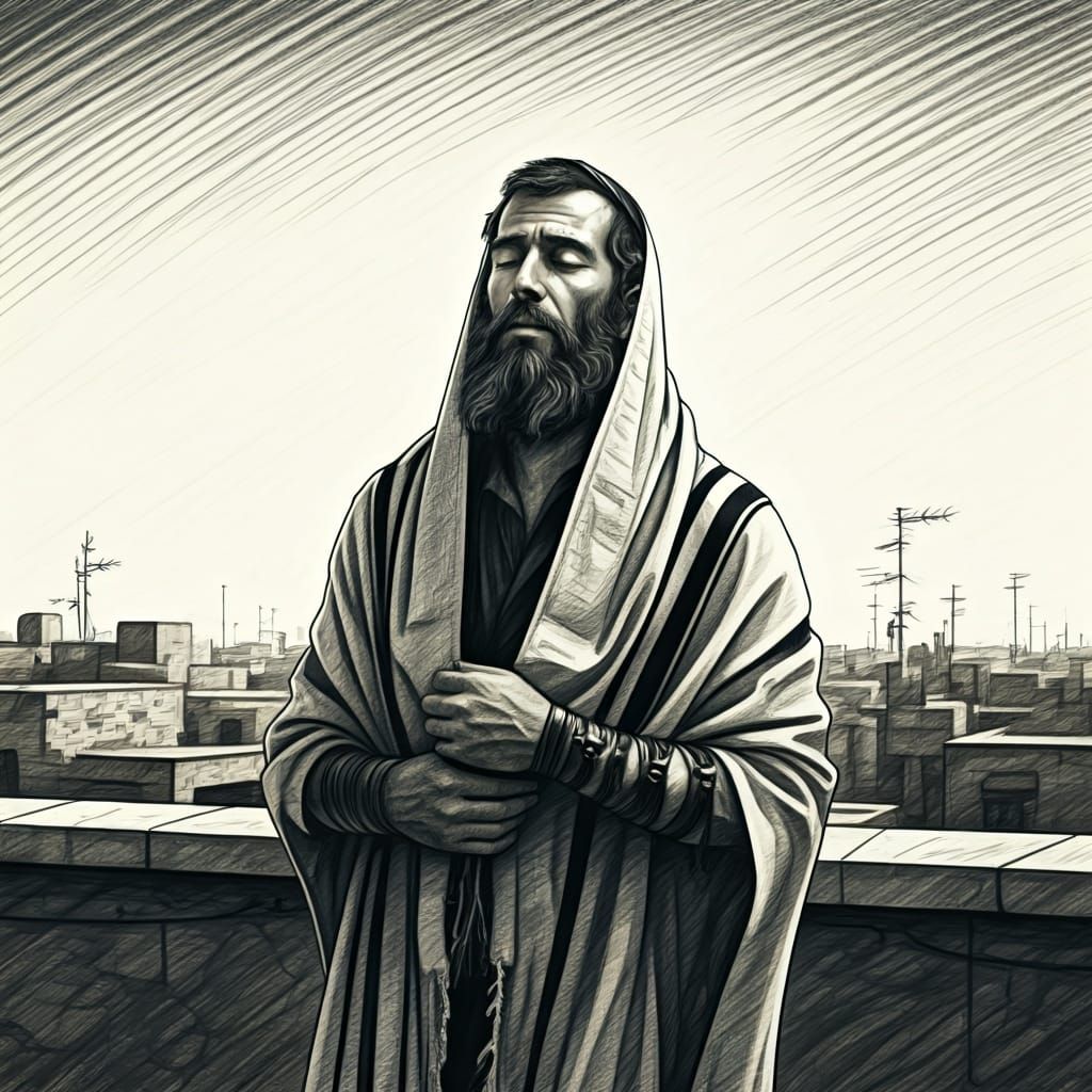 Jewish Man Praying on Rooftop, Digital Sketch