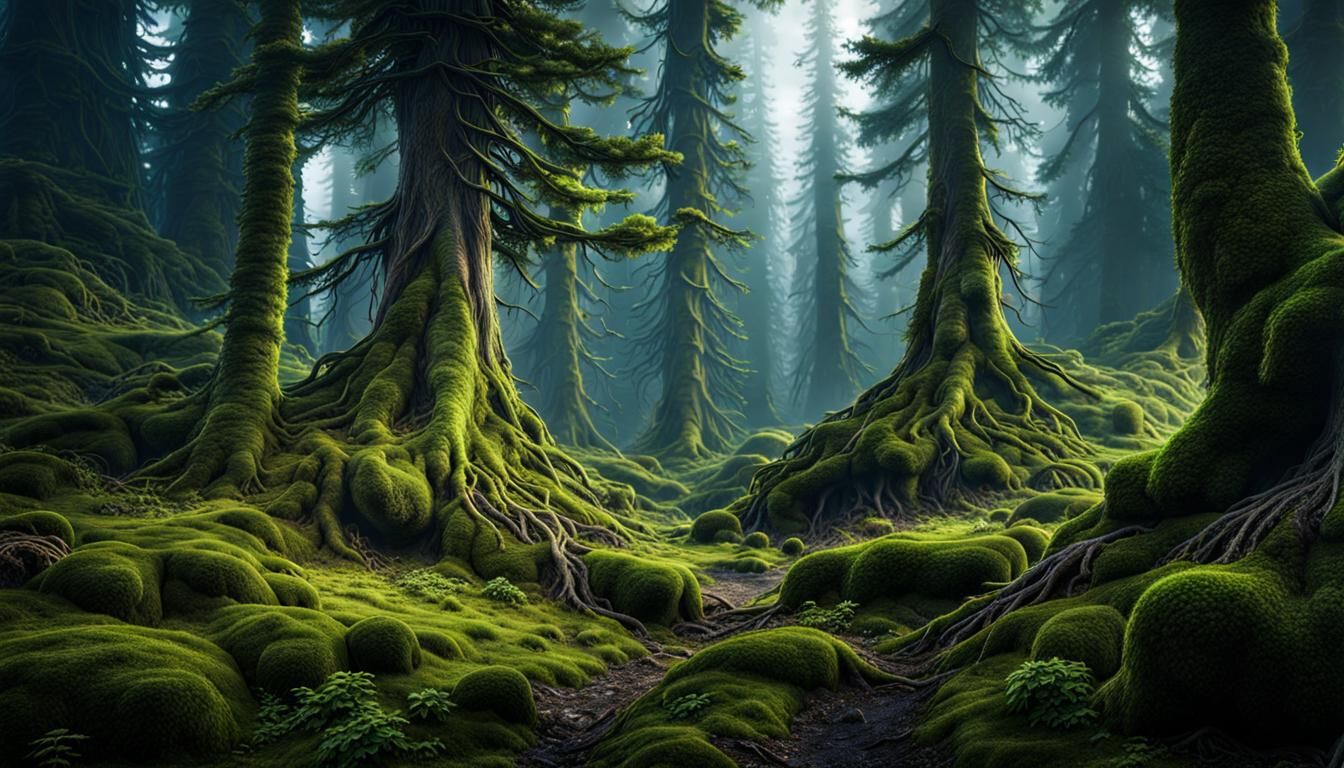 Mystical spruce forest, roots, moss - AI Generated Artwork - NightCafe ...