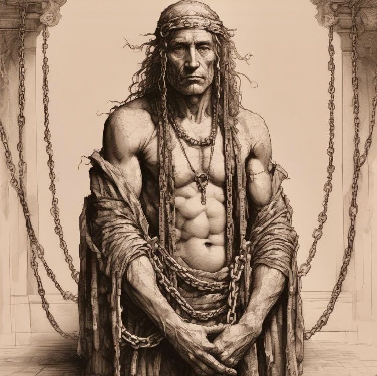 Drawing of a chained man