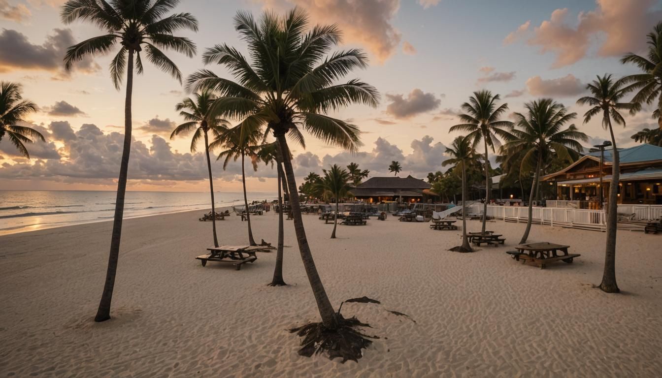 "A beautiful wide-angle shot of a tropical beach at sunset. ...