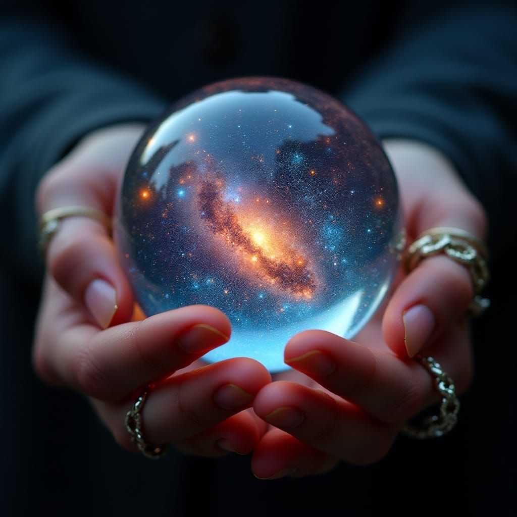Cosmic Orb Held in Hand, Surreal Dreamlike Style