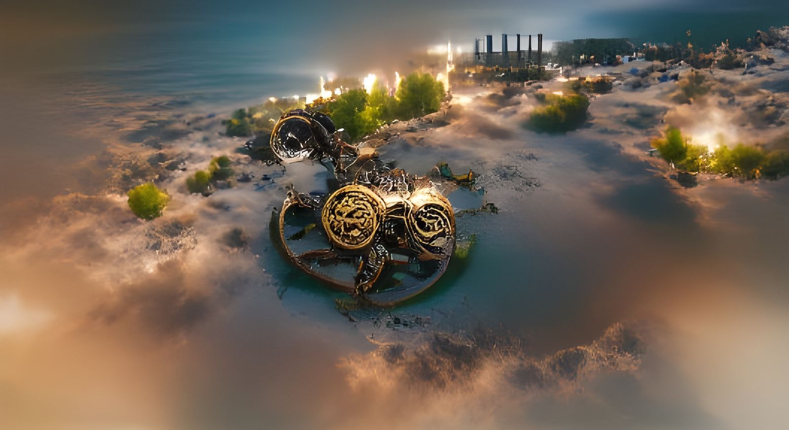 Steampunk Abandoned Memorial Park night 360° top view octane...