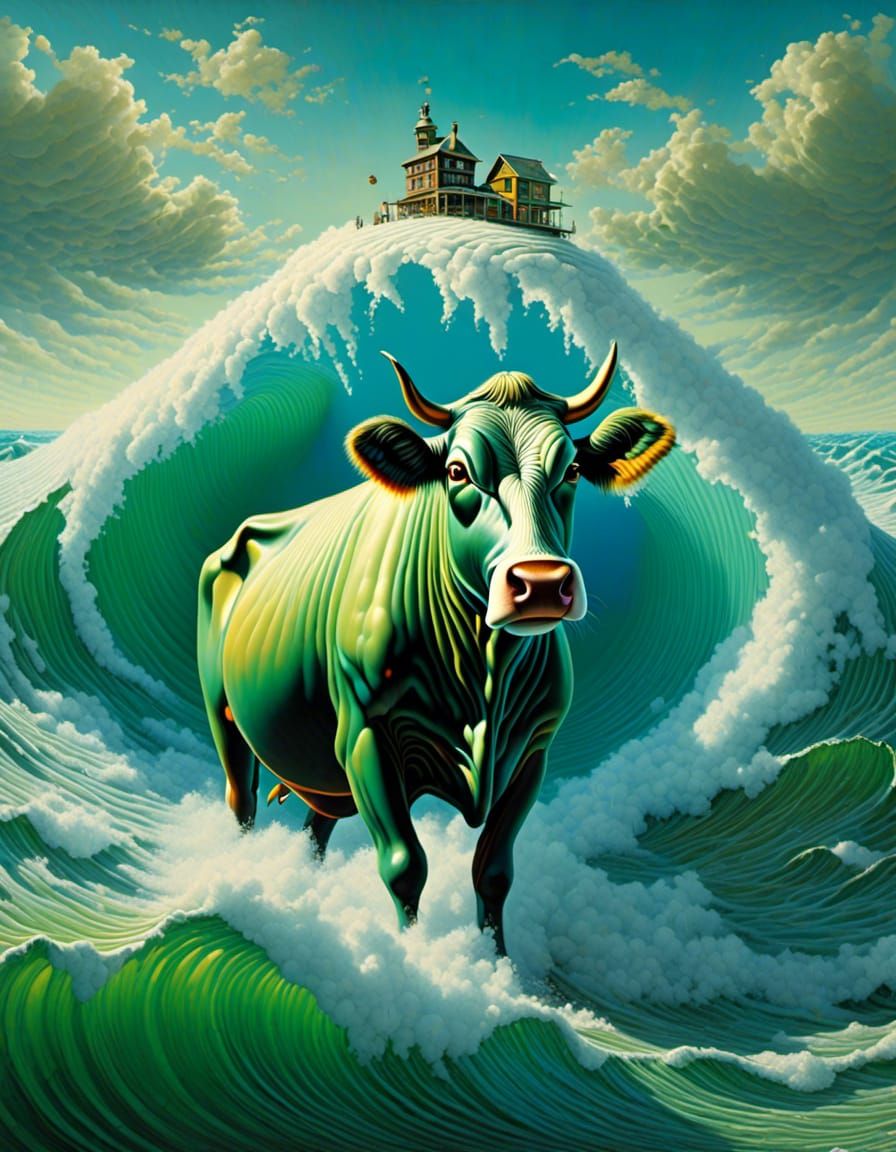 <lora:Surreal v2:0.8>  anthropomorphic Cow on Egg focused in Sea Wave Storm Surge, hyperrealistic, surreal, green blue amber, fish eye lens,...