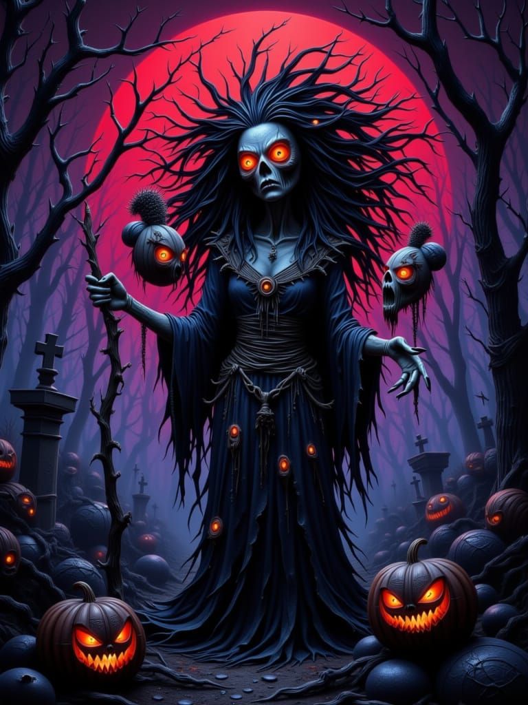 Witch in Misty Graveyard with Jack-o'-Lanterns